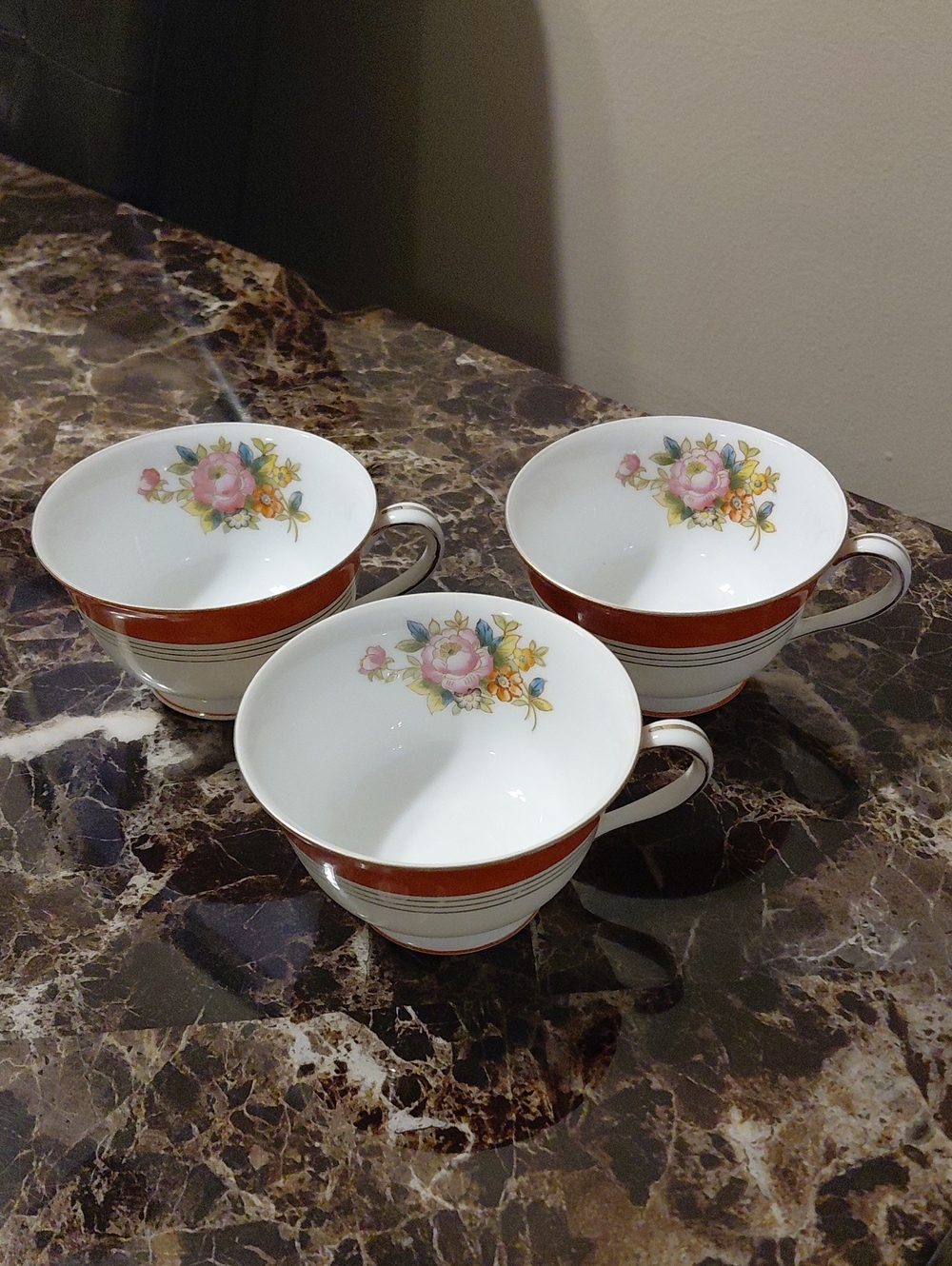 3 Vintage Noritake Japan Handpainted Porcelain Burnt Orange Floral Tea Cups